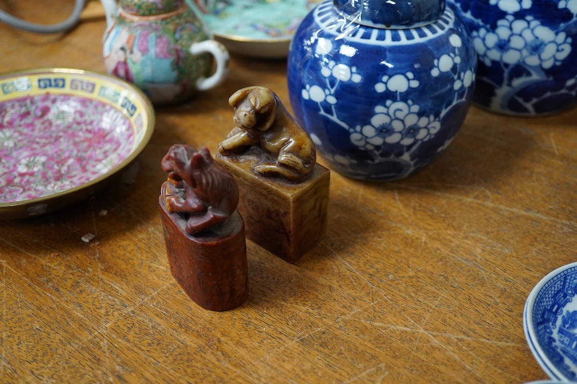 Mixed Chinese blue and white china, including two jars and covers, teapot, two hard stone carvings a celedon vase etc tallest 26cm high